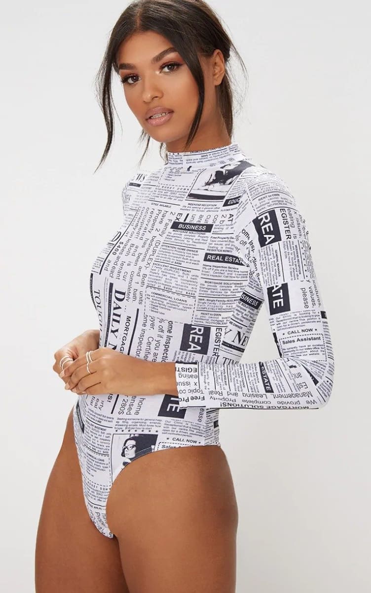 Long Sleeve High Neck Newspaper Print Sexy Bodycon Bodysuit Women Fashion Letter Body