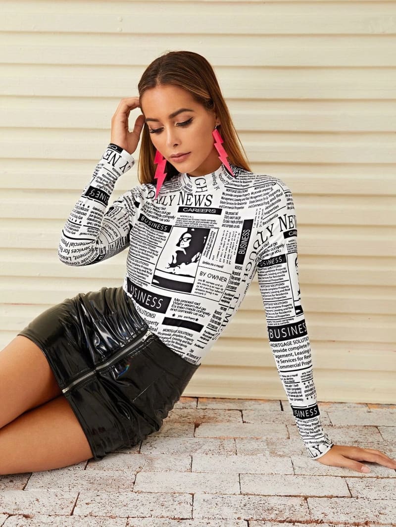 Long Sleeve High Neck Newspaper Print Sexy Bodycon Bodysuit Women Fashion Letter Body