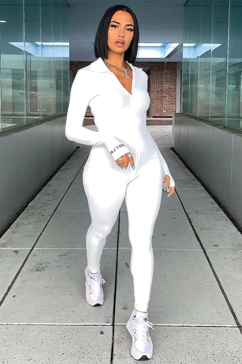 White Long Sleeve Ribbed Turtleneck Jumpsuit