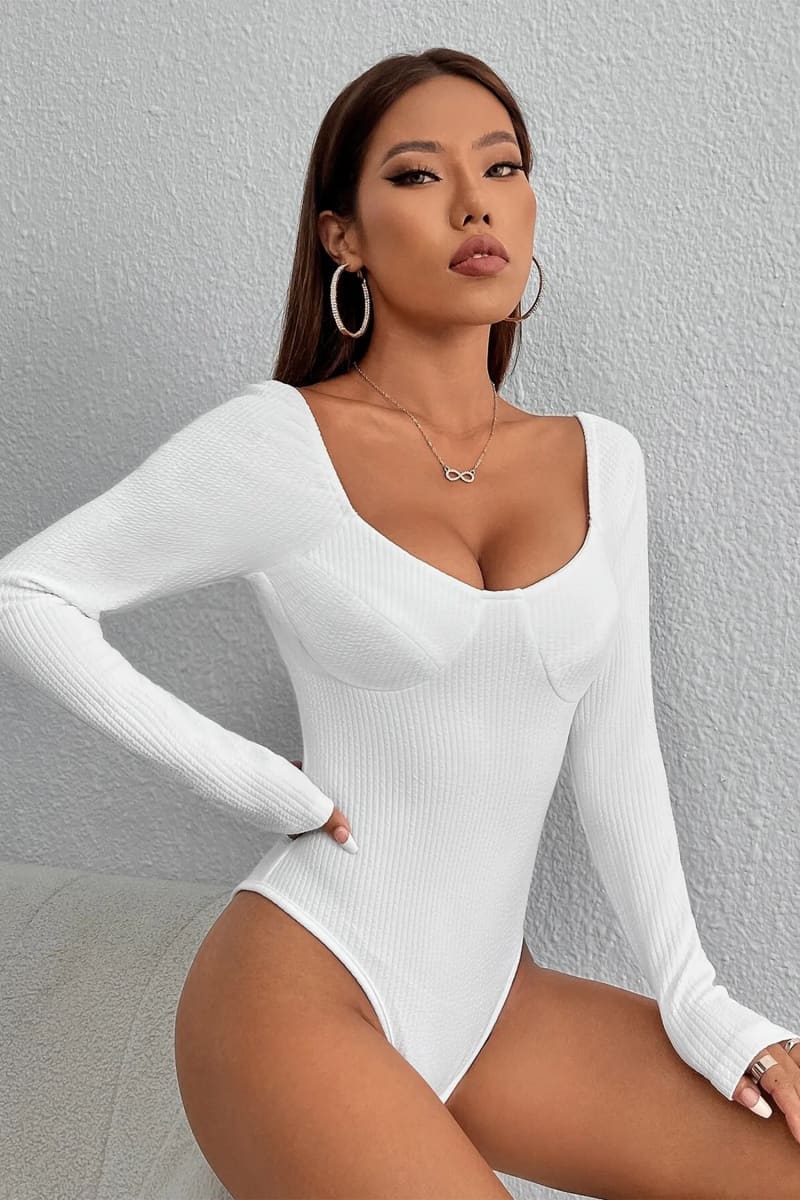 White Long Sleeve Underwired Ribbed Bodysuit