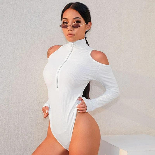 White Long Sleeve Bodysuit Elegant Turtleneck Body Sexy Strapless Hollow Out Bodycon Bodyduit