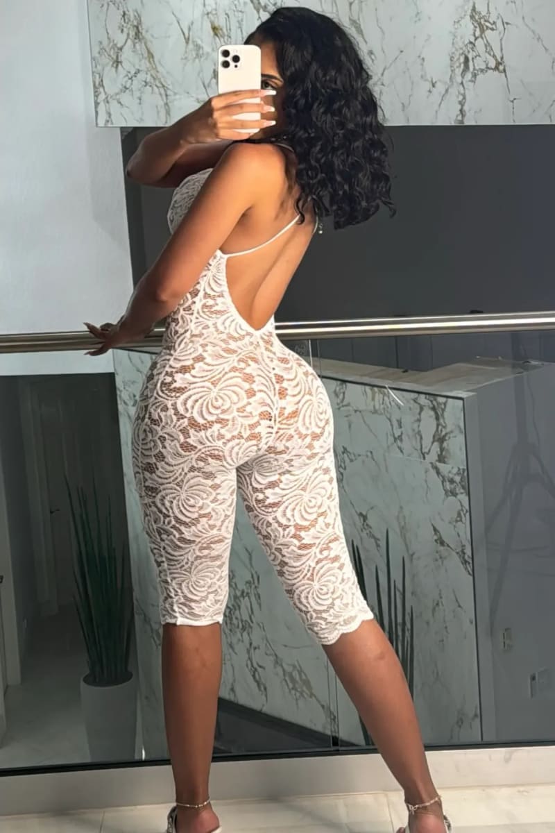 White Low Back V-Neck Lace Romper / S