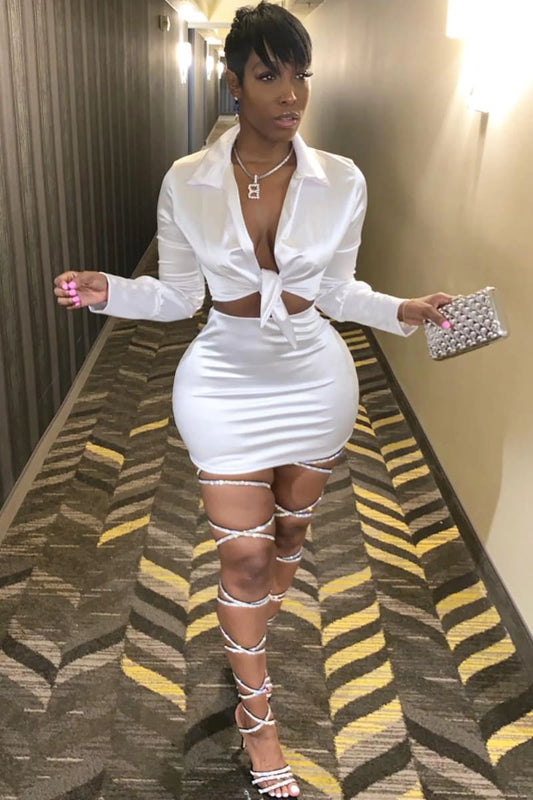 White Satin Two Piece Skirt Set