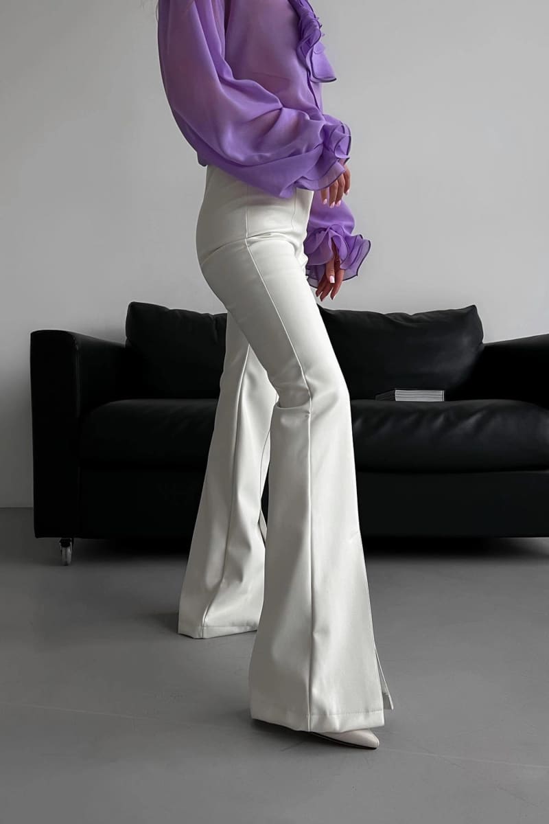 White Split Hem Flare Leather Pants