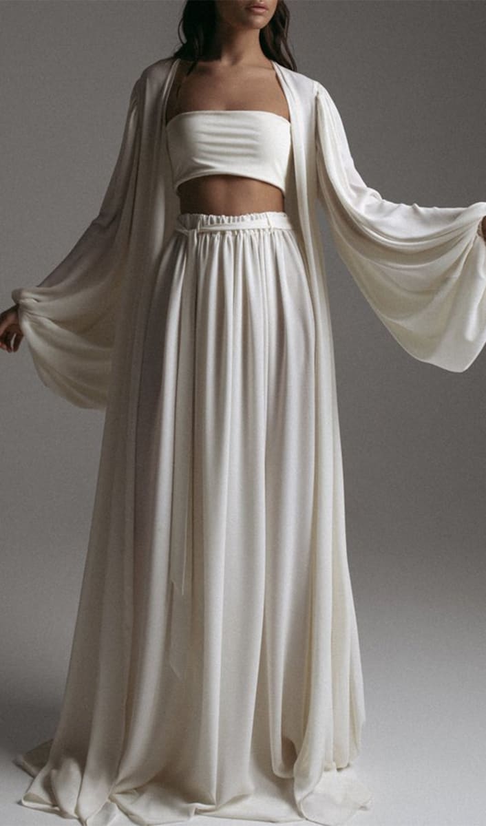 White Wide Leg Palazzo Pants And Beach Kimono Set Outfit Sets