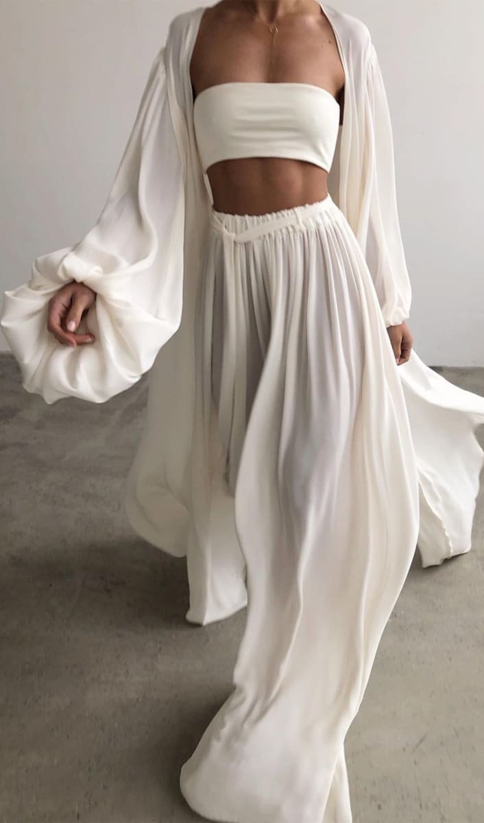 White Wide Leg Palazzo Pants And Beach Kimono Set S / Brown Outfit Sets