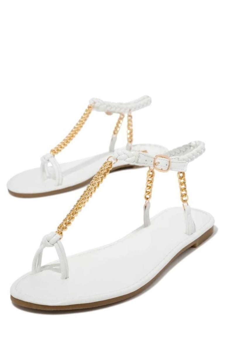 White Woven Ankle Straps Chain Flat Sandals Shoes