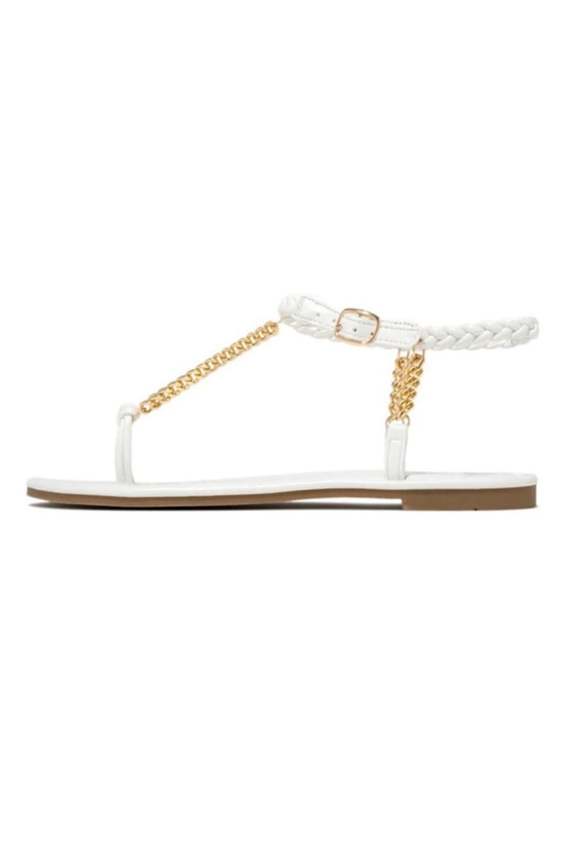 White Woven Ankle Straps Chain Flat Sandals Shoes