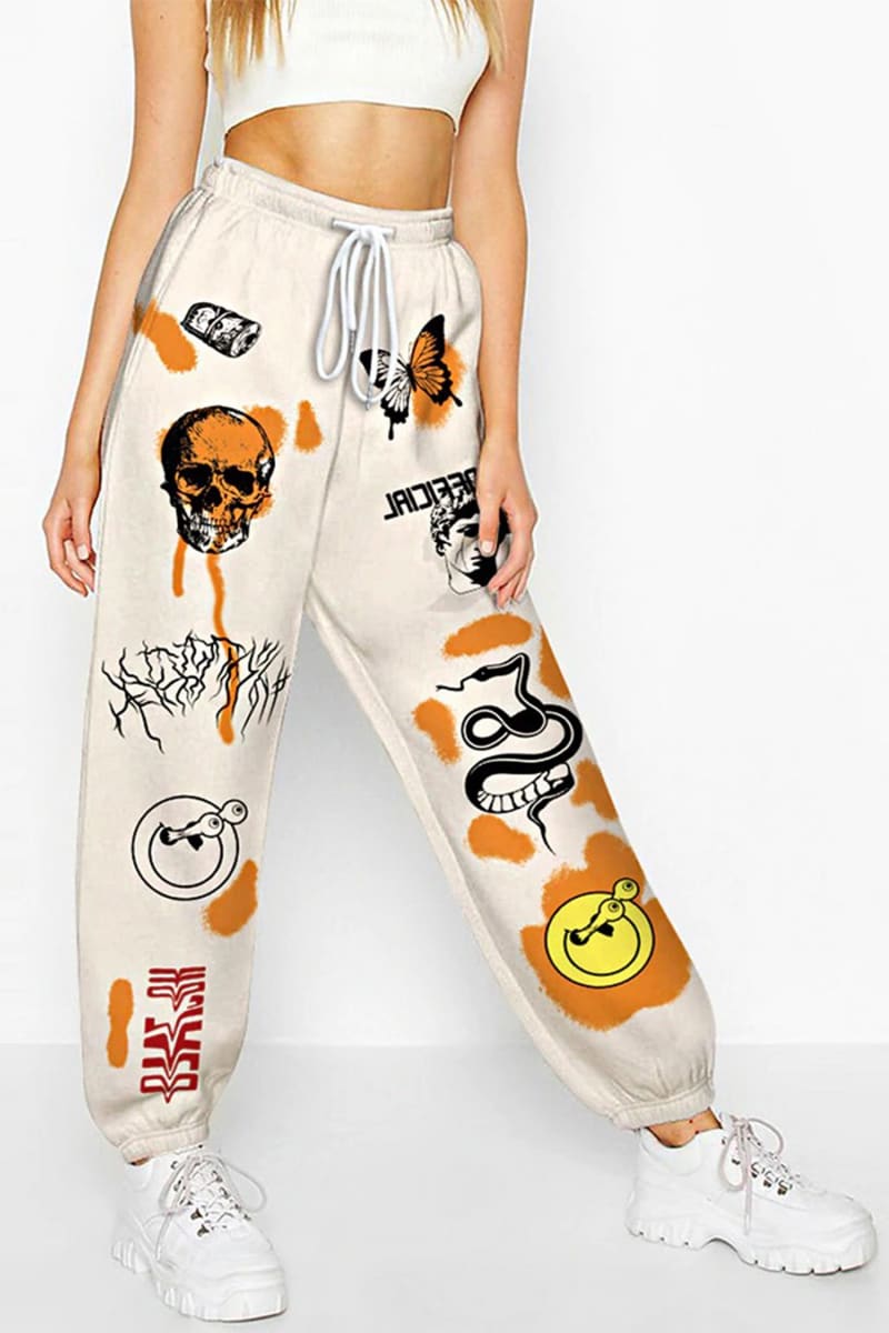 Womens Beige Cuffed Graphic Print Sweatpants Pants