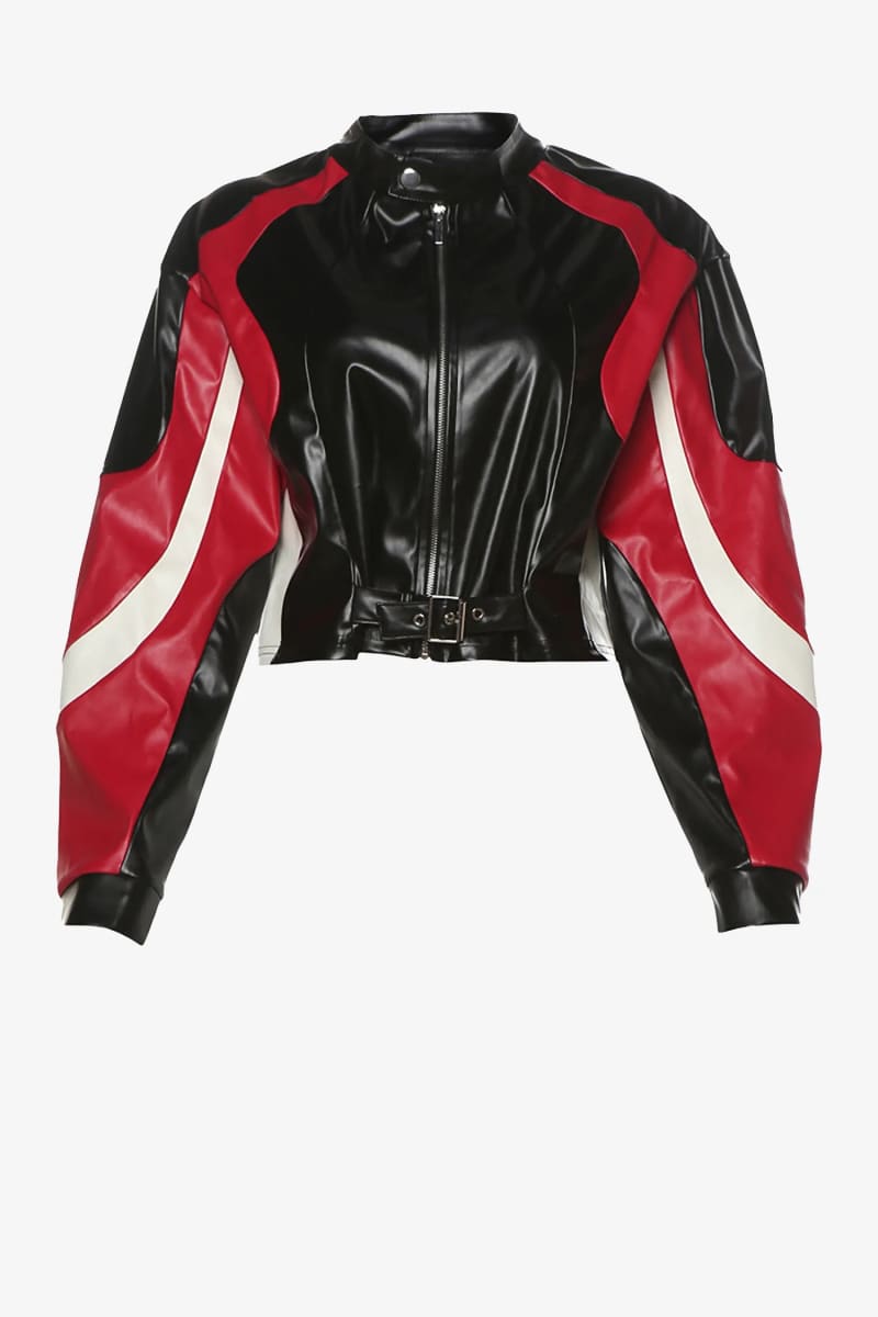 Women’s Black Cropped Racing Leather Jacket