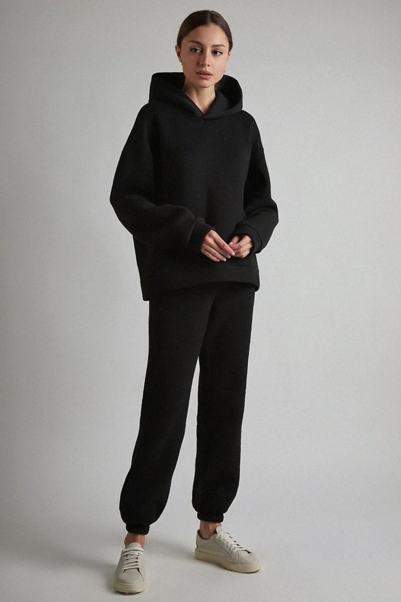 Womens Black Hooded Loungewear Set