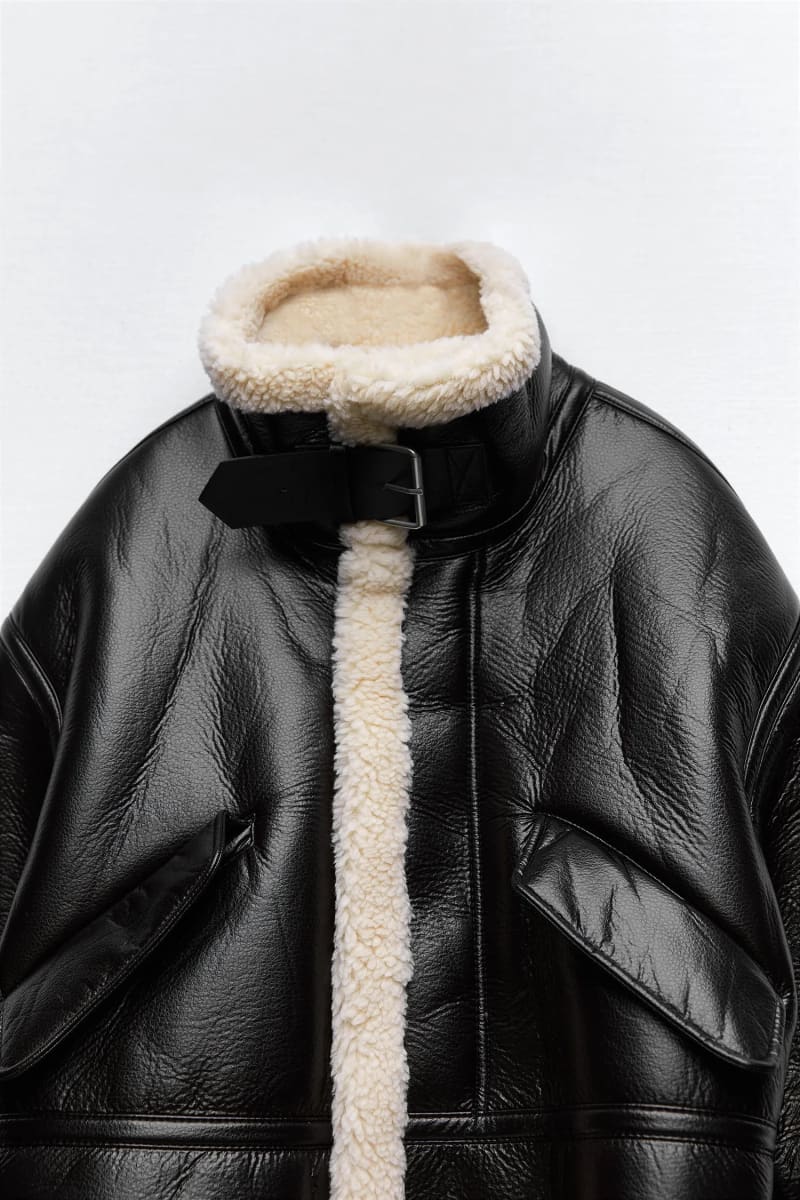 Womens Black Leather Shearling Aviator Jacket