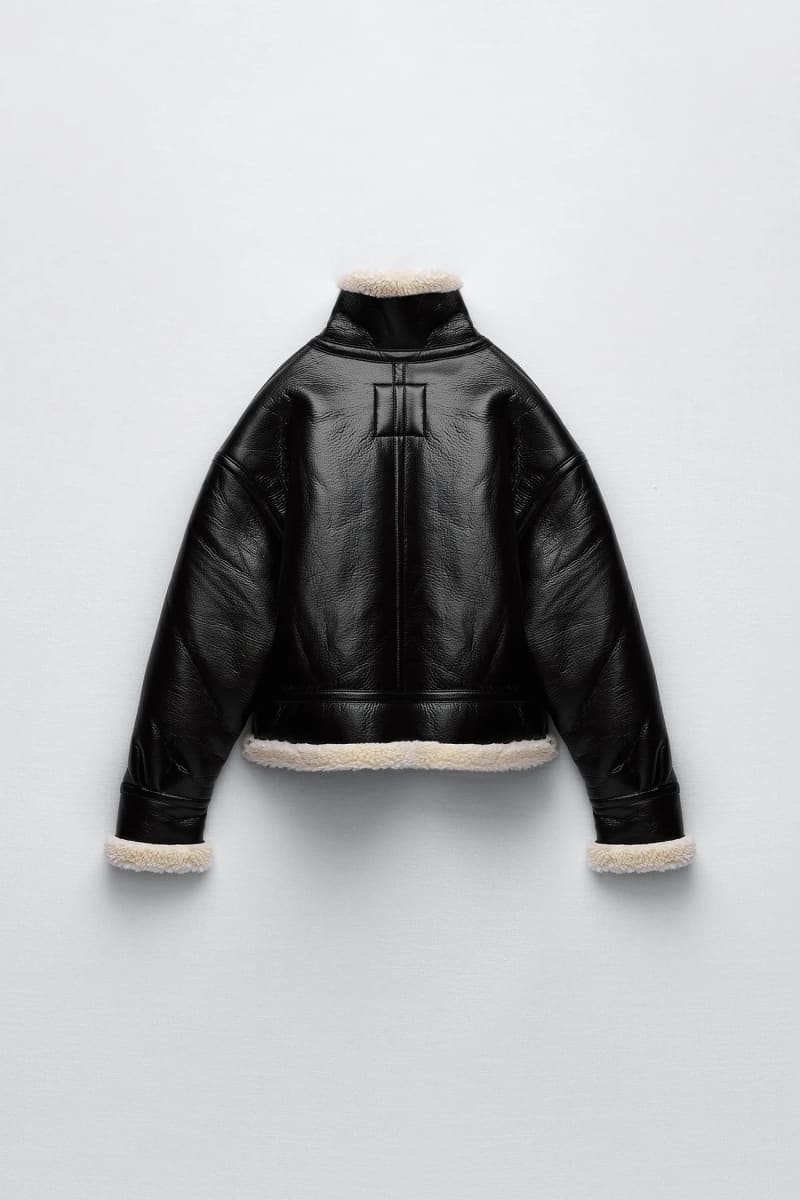 Womens Black Leather Shearling Aviator Jacket