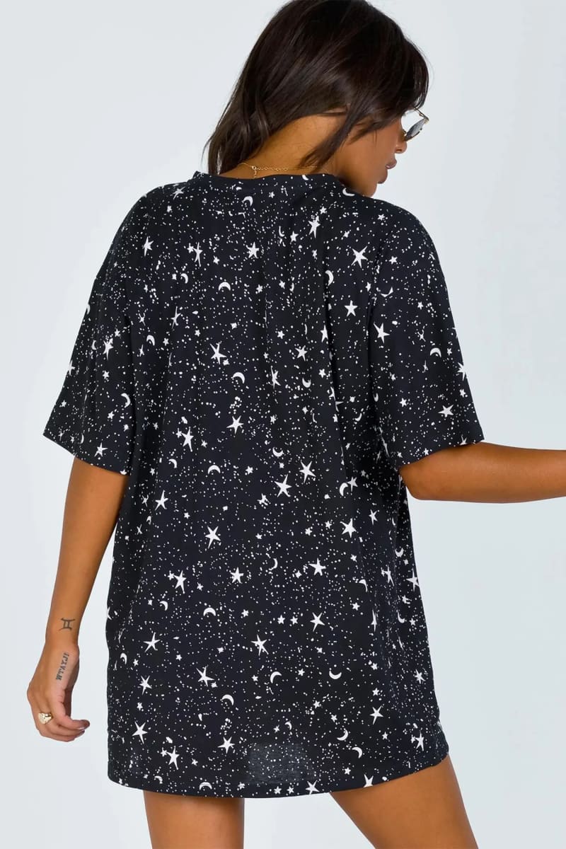 Women's Black Oversized Crewneck Moon And Stars T-shirt Dress