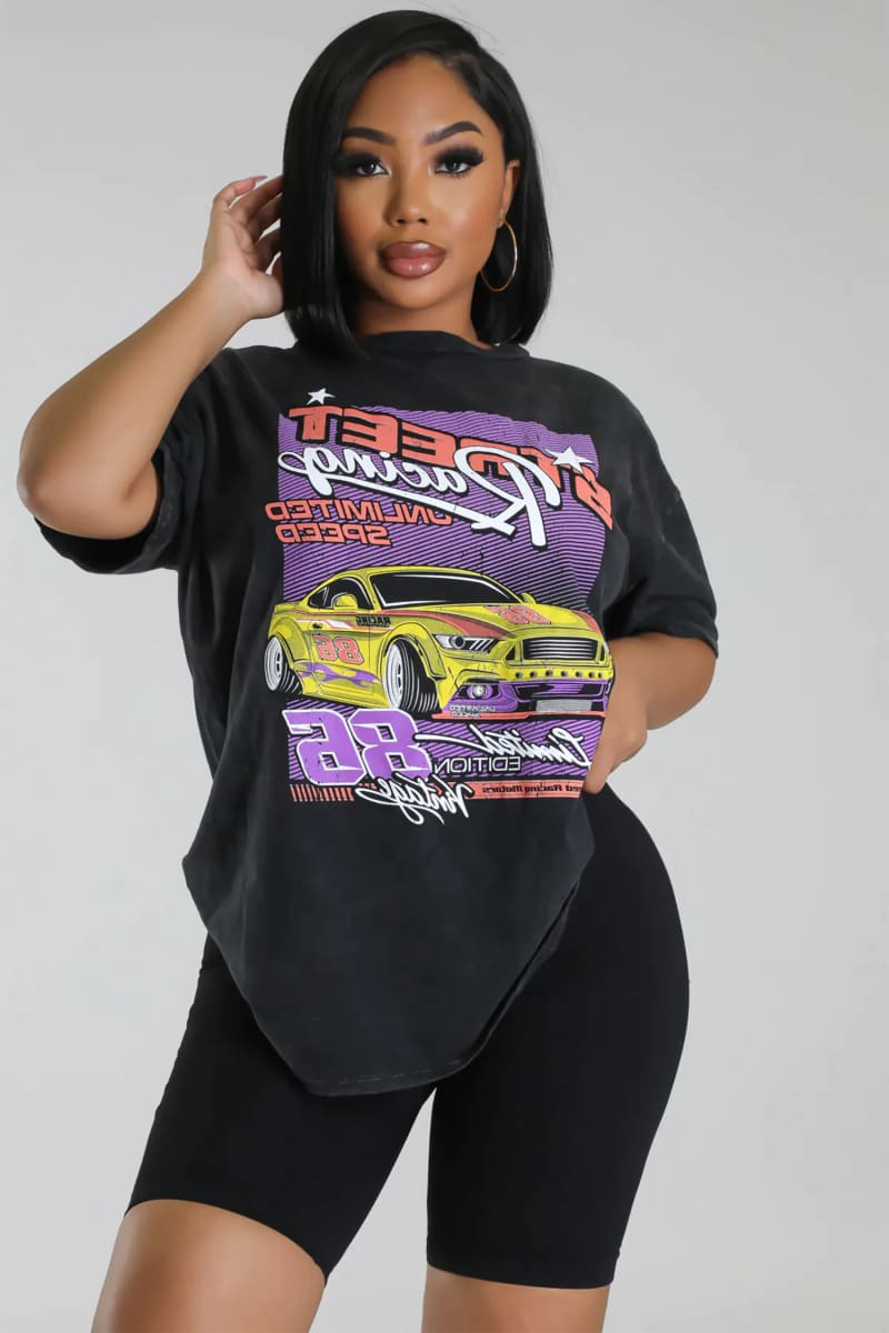 Womens Black Oversized Race Car Print T-Shirt