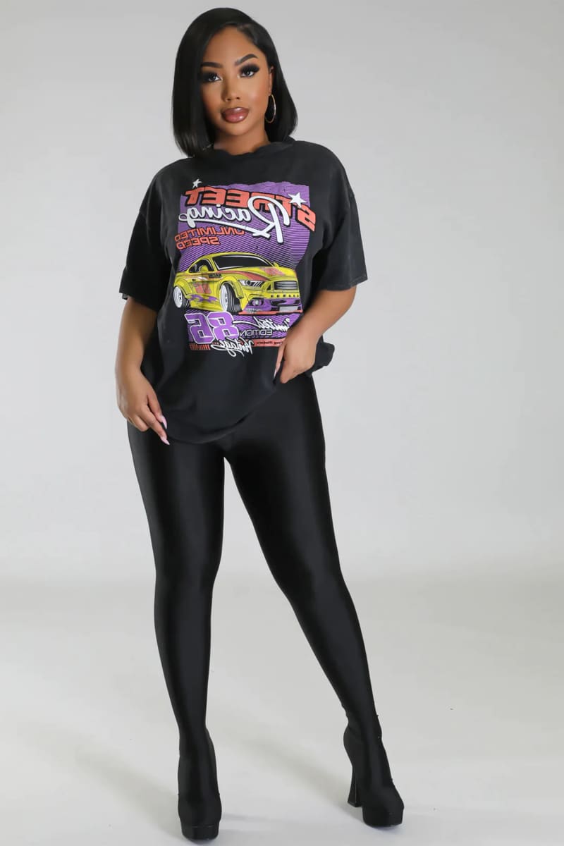 Womens Black Oversized Race Car Print T-Shirt