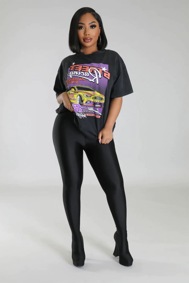 Womens Black Oversized Race Car Print T-Shirt