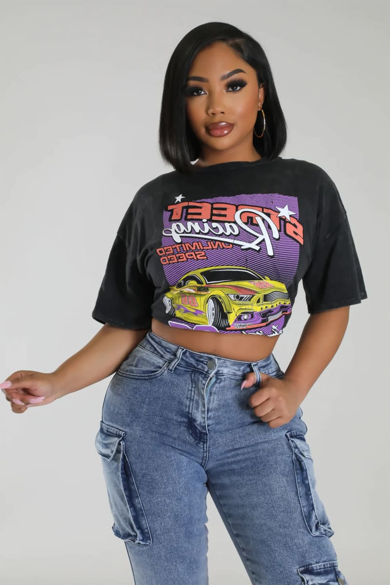 Womens Black Oversized Race Car Print T-Shirt