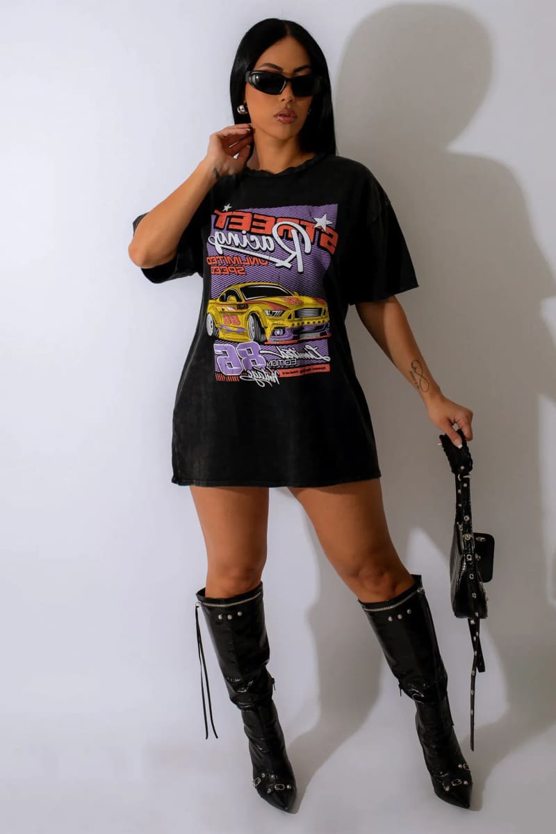 Womens Black Oversized Race Car Print T-Shirt