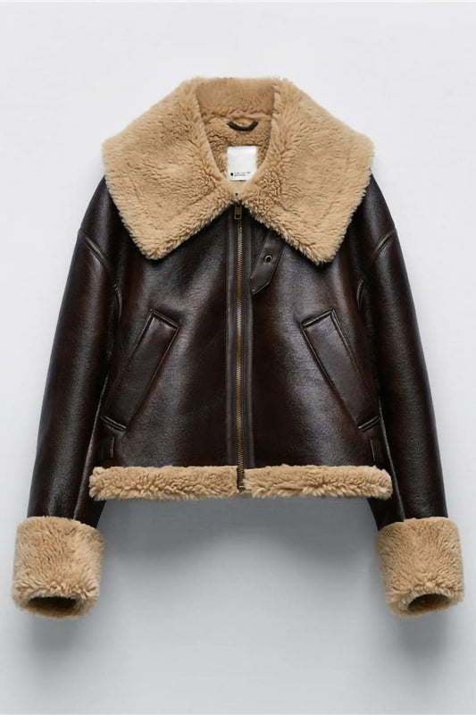 Women's Brown Cropped Lined Leather Sherpa Jacket