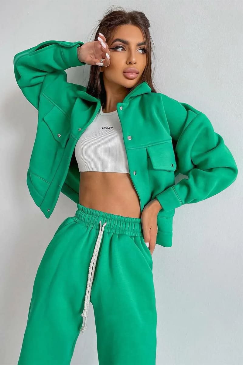 Women's Green Jacket And Joggers Pants Tracksuit Set