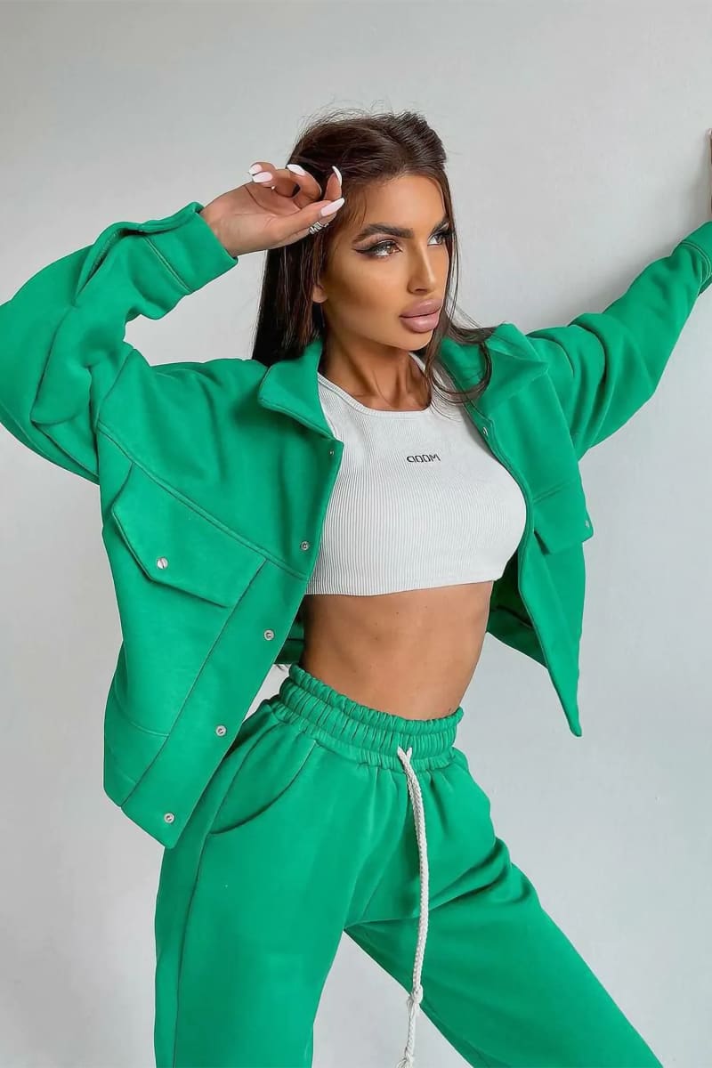 Women's Green Jacket And Joggers Pants Tracksuit Set