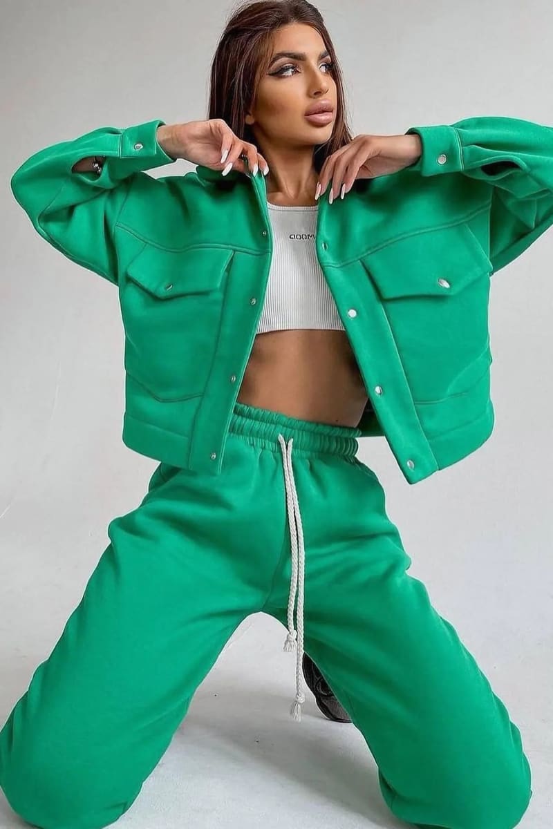 Women's Green Jacket And Joggers Pants Tracksuit Set