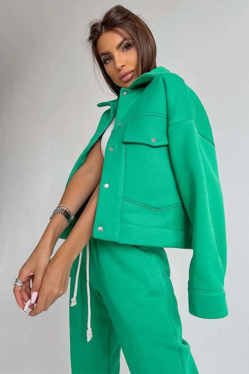 Women's Green Jacket And Joggers Pants Tracksuit Set