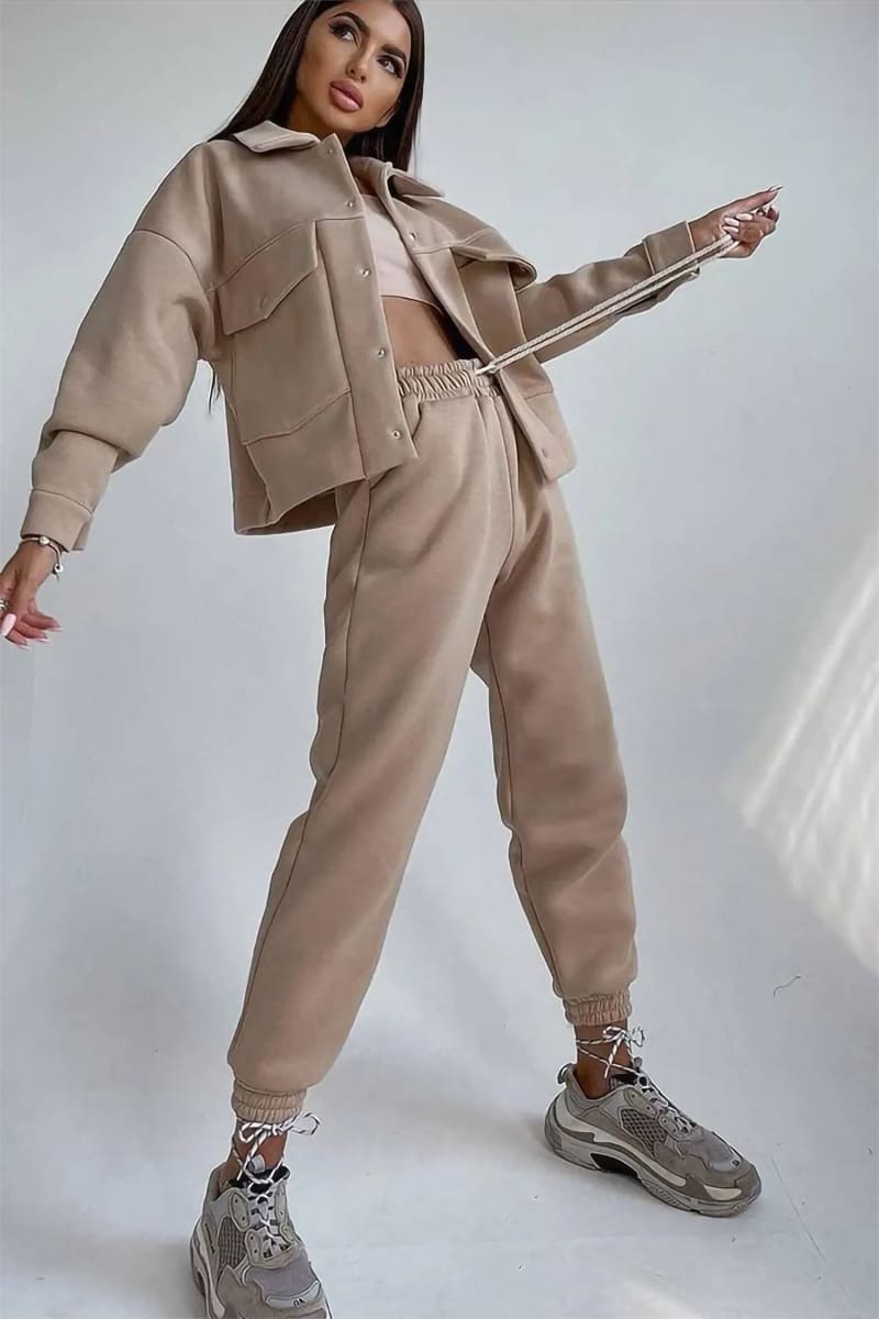 Women's Khaki Jacket & Joggers Loungewear Tracksuit Set