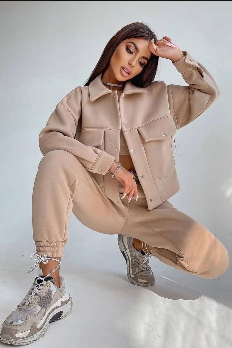 Women's Khaki Jacket & Joggers Loungewear Tracksuit Set