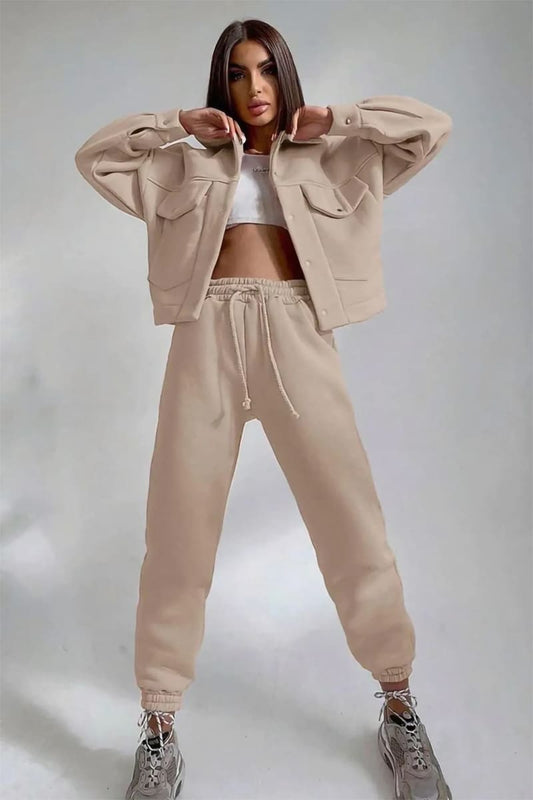 Women's Khaki Jacket & Joggers Loungewear Tracksuit Set