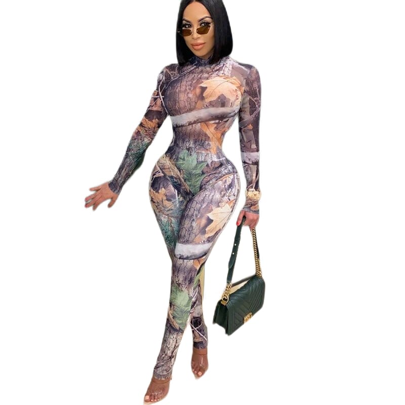 Womens Sexy Leaf Print Two Piece Matching Co-Ord Bodysuit Set Pant