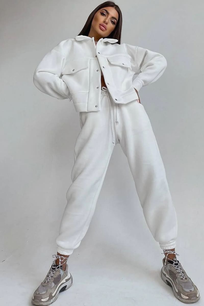 Women's White Jacket & Joggers Loungewear Tracksuit Set