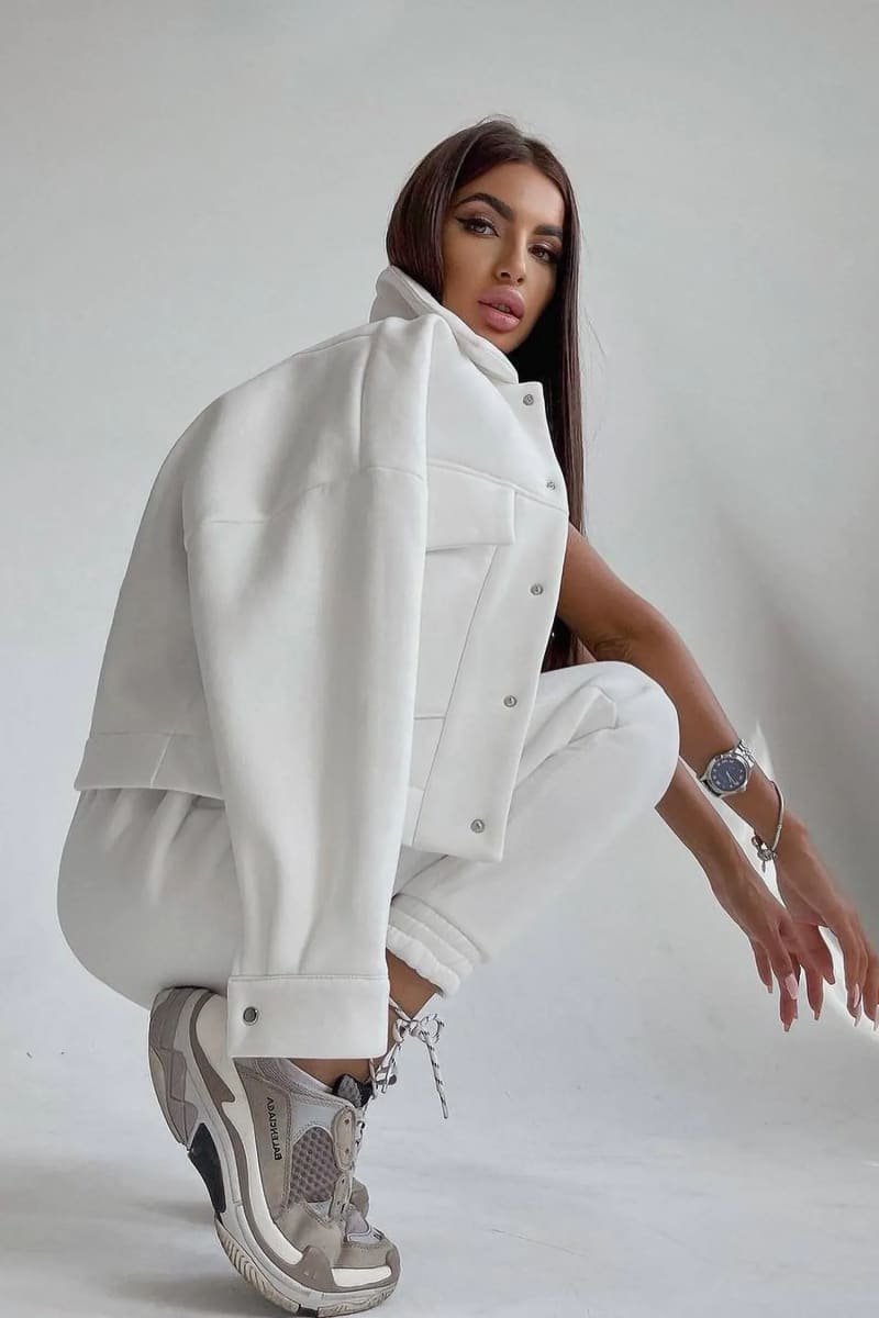 Women's White Jacket & Joggers Loungewear Tracksuit Set