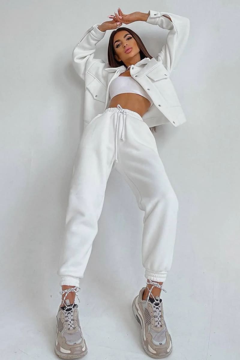 Women's White Jacket & Joggers Loungewear Tracksuit Set