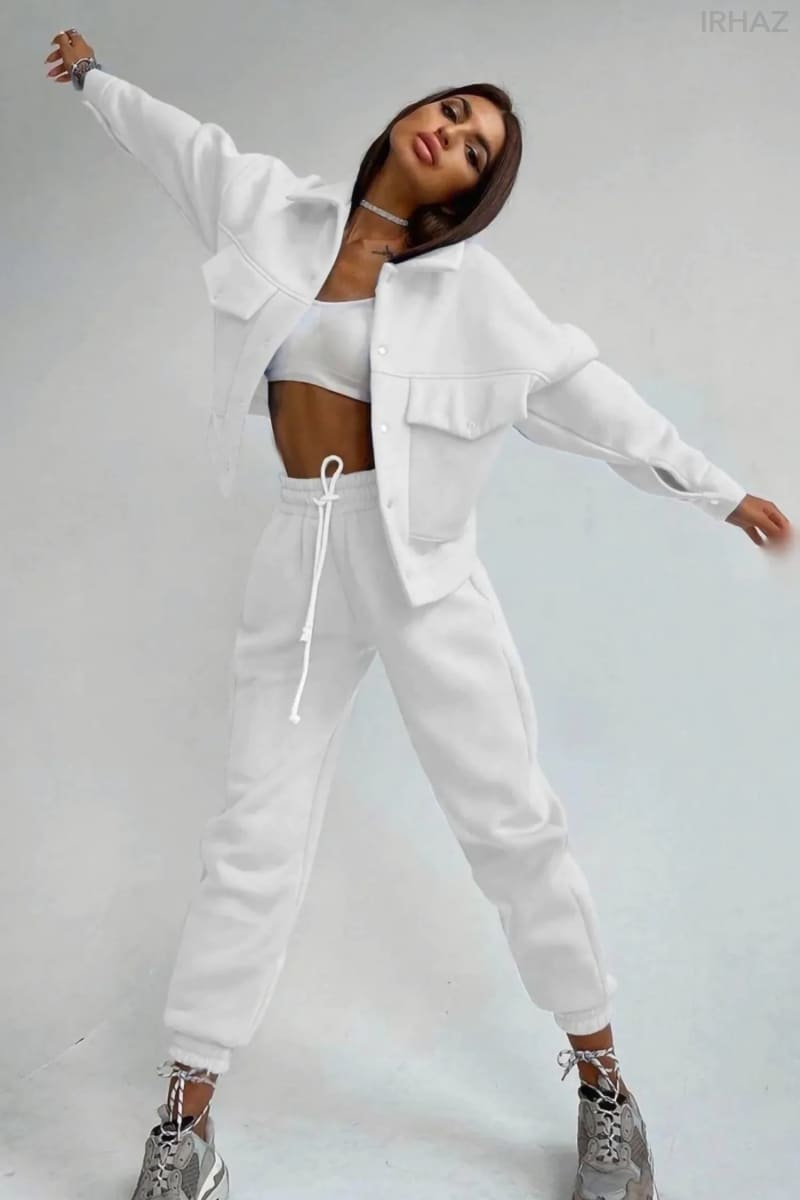 Women's White Jacket & Joggers Loungewear Tracksuit Set