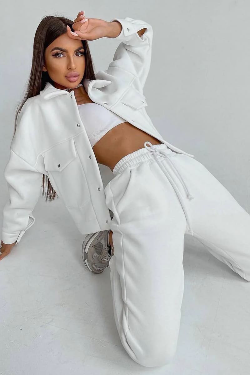 Women's White Jacket & Joggers Loungewear Tracksuit Set