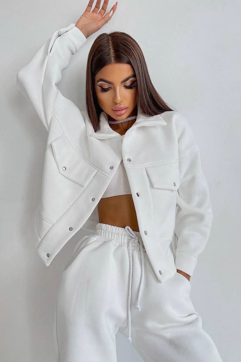 Women's White Jacket & Joggers Loungewear Tracksuit Set