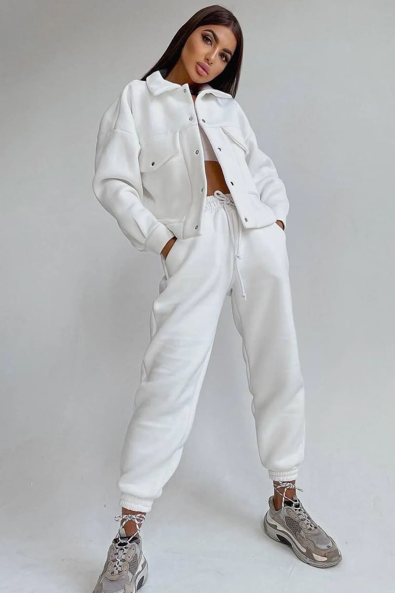 Women's White Jacket & Joggers Loungewear Tracksuit Set