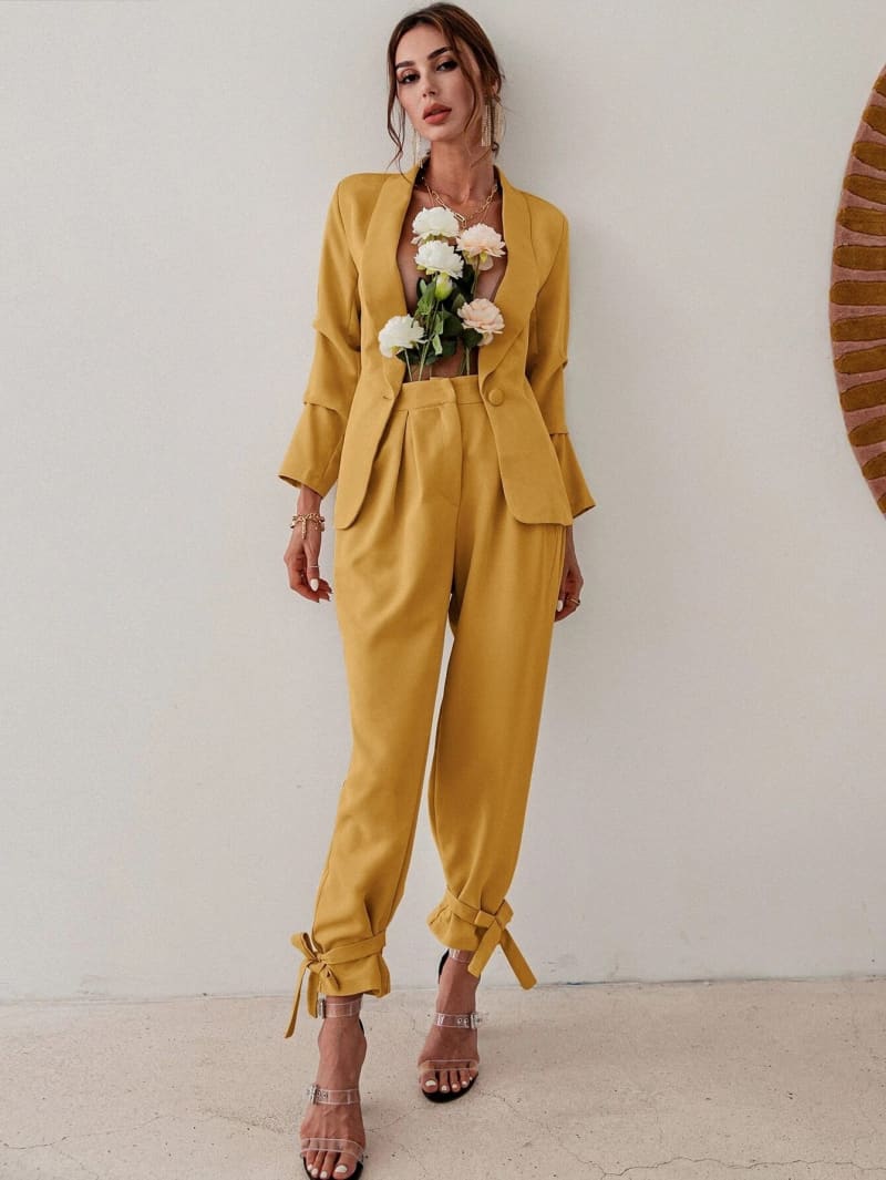 Yellow High Waisted Ankle Tie Pants & Blazer Set Set