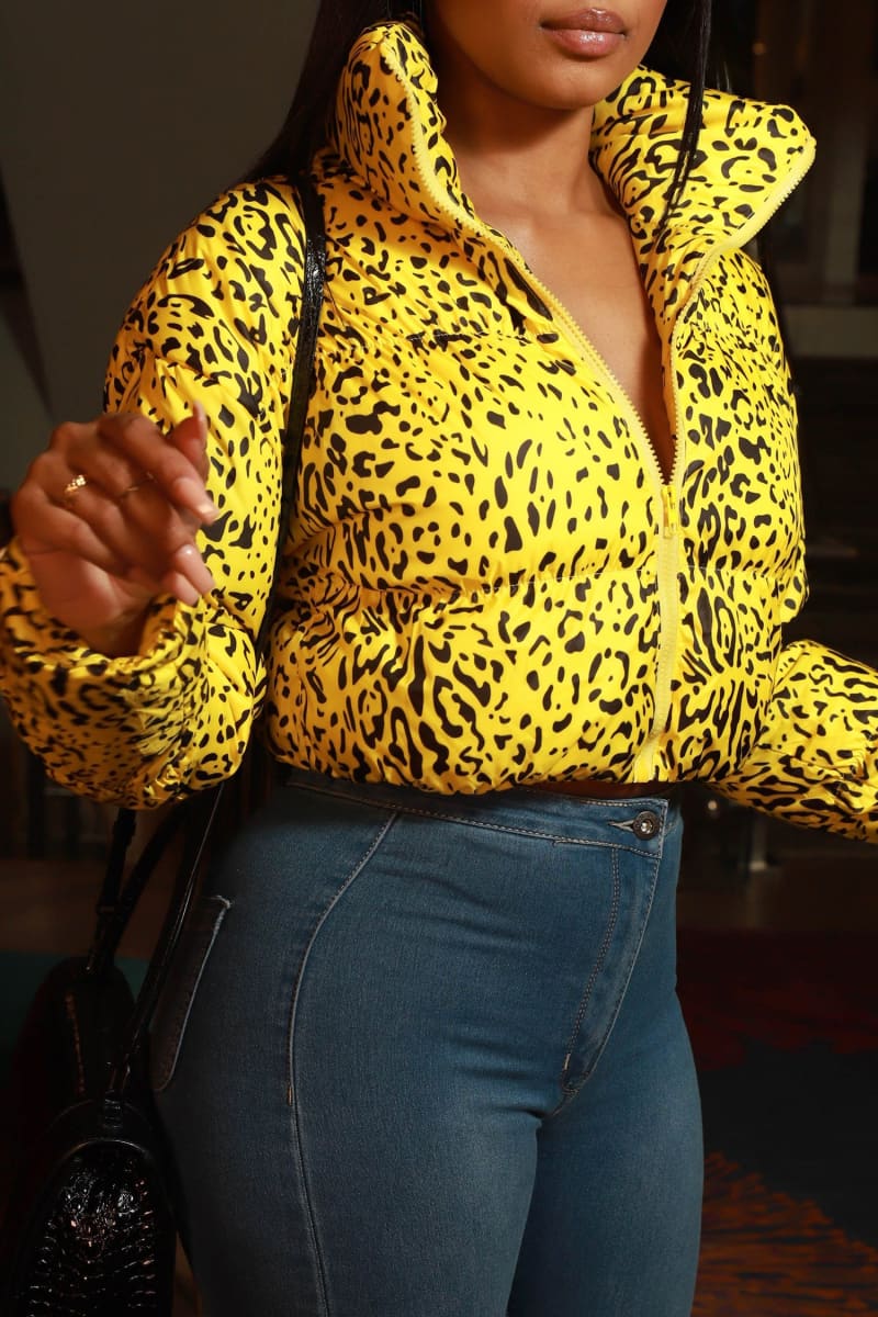 Yellow Leopard Print Cropped Puffer Jacket Coats & Jackets