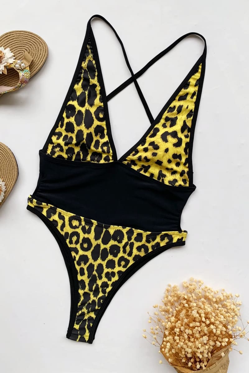 Yellow Leopard Print One Piece Swimsuit Monokini