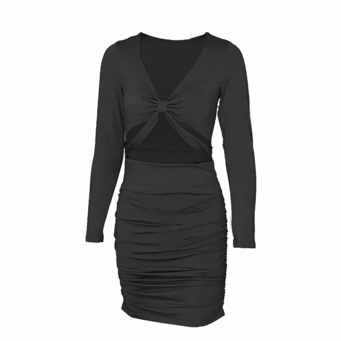 Black Long Sleeve Ruched Front Tie Mini Cut Out Dress | IRHAZ