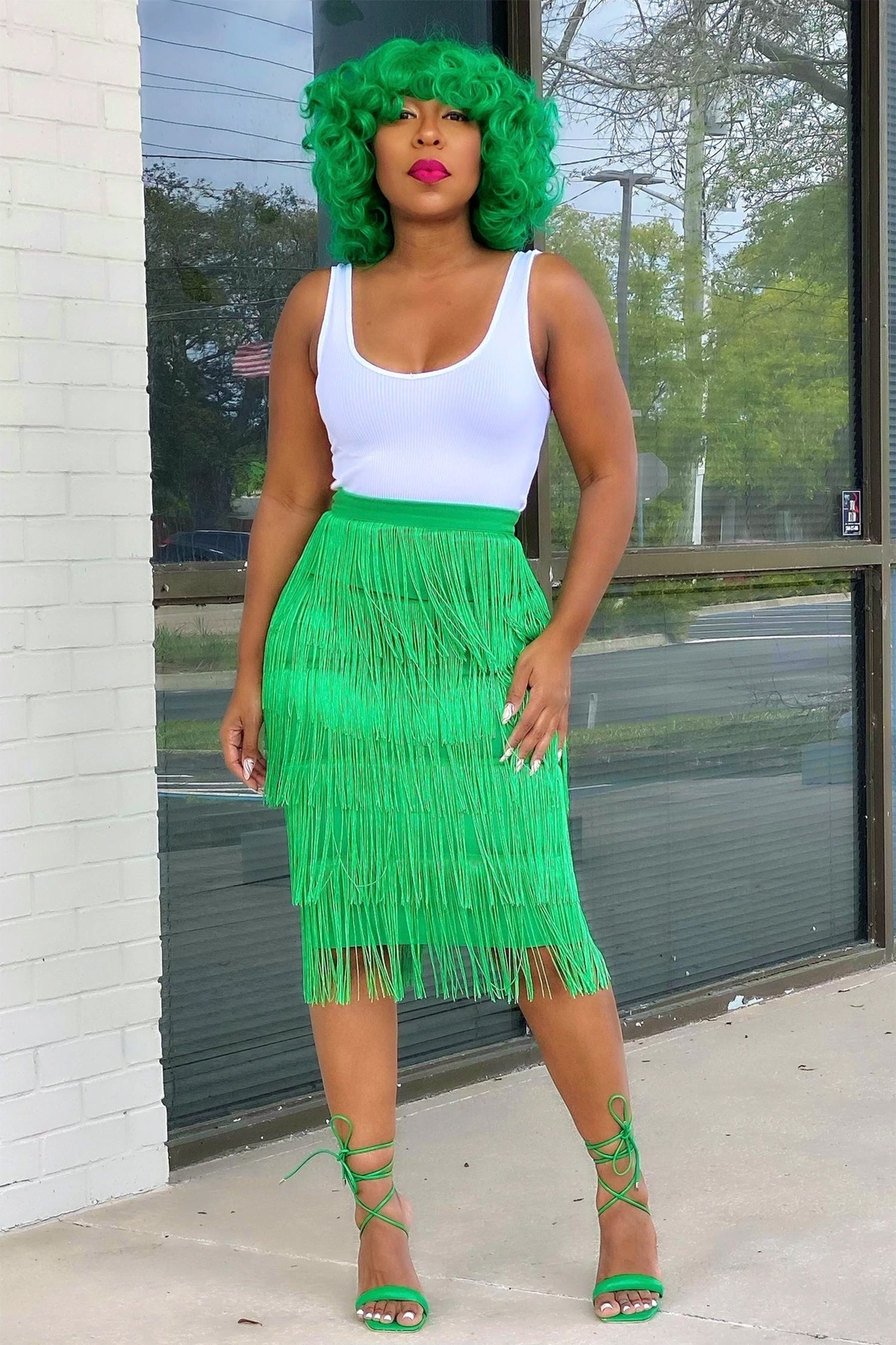 Green High Waisted Midi Fringe Skirt – IRHAZ