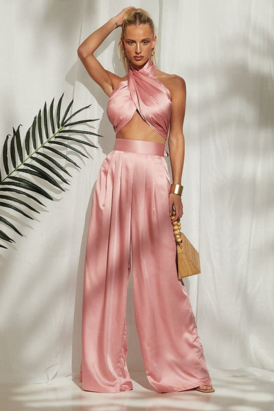 Pink Halter Wrap Top And Palazzo Satin Pants Set | Satin skirt outfit, Satin  outfit, Hot pink tops