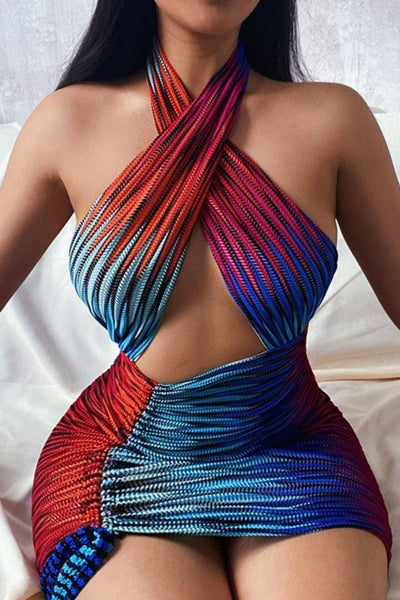 Rainbow Cut Out Ruched Halter Short Dress